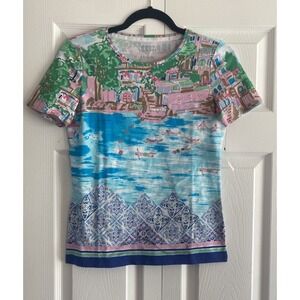 Talbots Scenic Coastal Print Tee Womens Size P Blue Pink Cotton Spandex T-Shirt